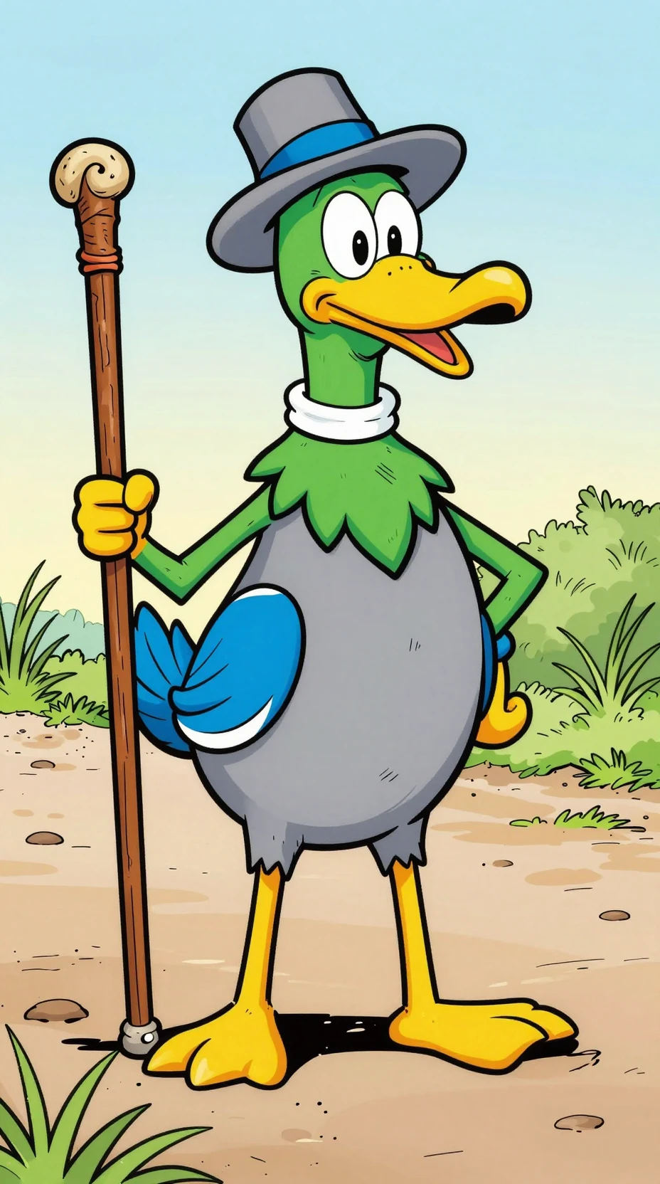 Anthropomorphic mallard drake walking with wooden cane