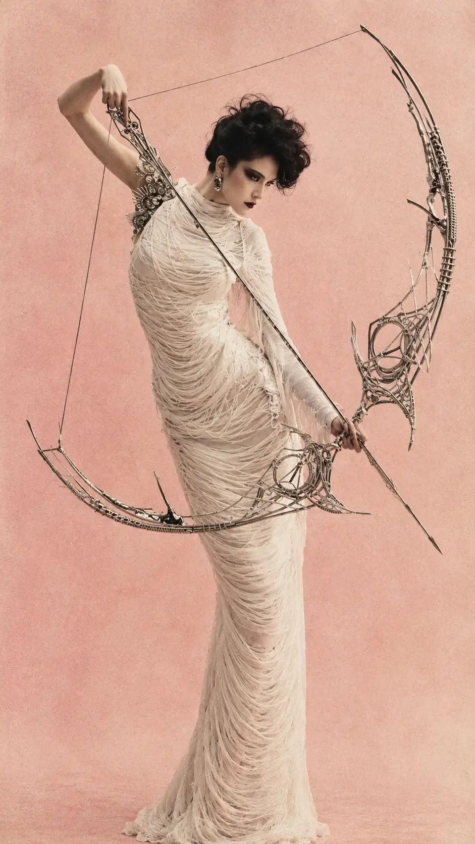 Avant garde archer fashion pose with biomechanical bow
