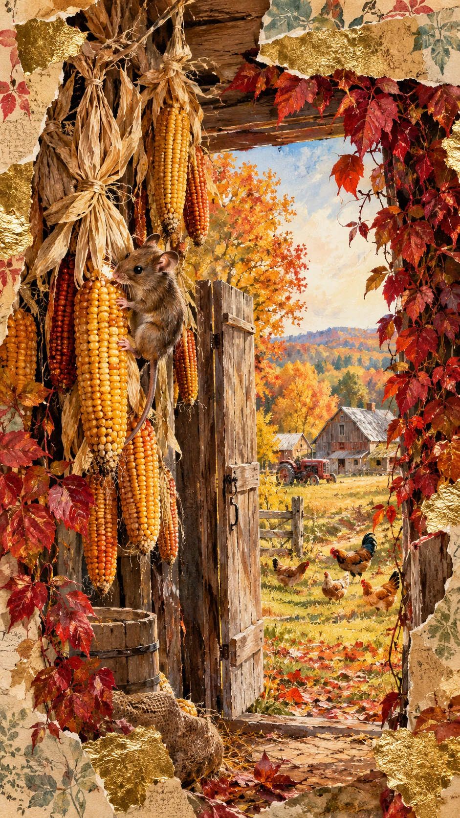 Autumn farm barn scene with mouse on hanging corn