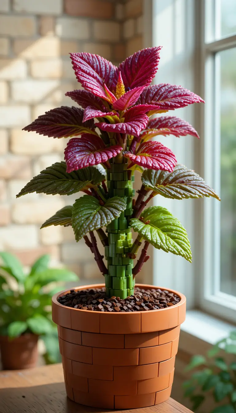 Close up of a colorful plastic brick potted plant