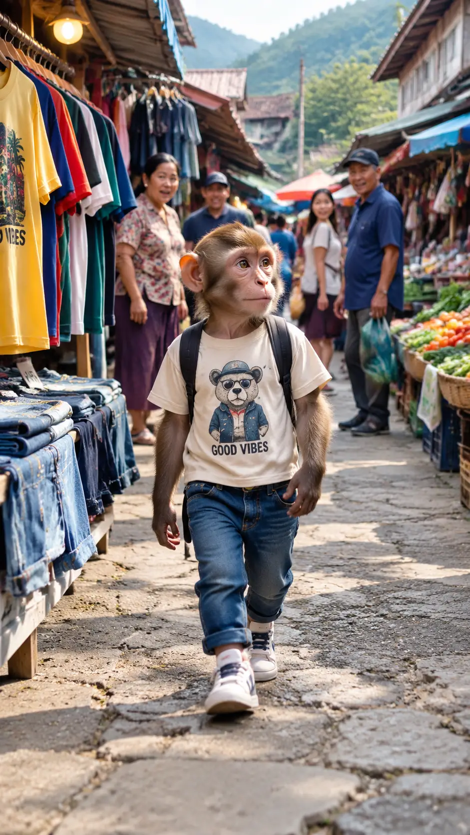 Monkey In Human Clothes Walking Through Village Market