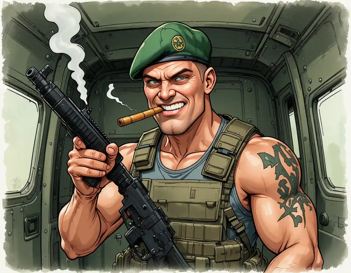 Soldado musculoso con rifle en un interior de dibujo animado sombrío