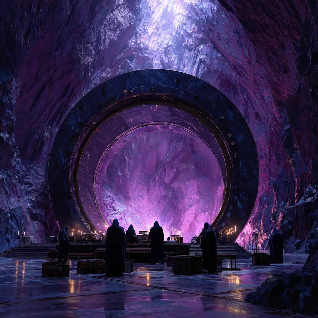 Glowing Marble Stargate In A Vast Underground Cave