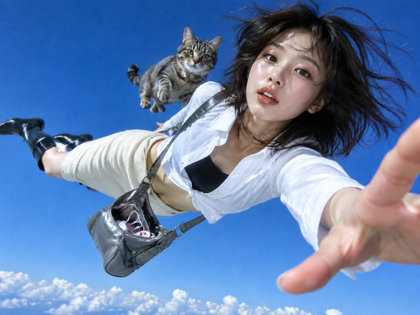 Giovane donna che fluttua nel cielo blu in stile Y2K