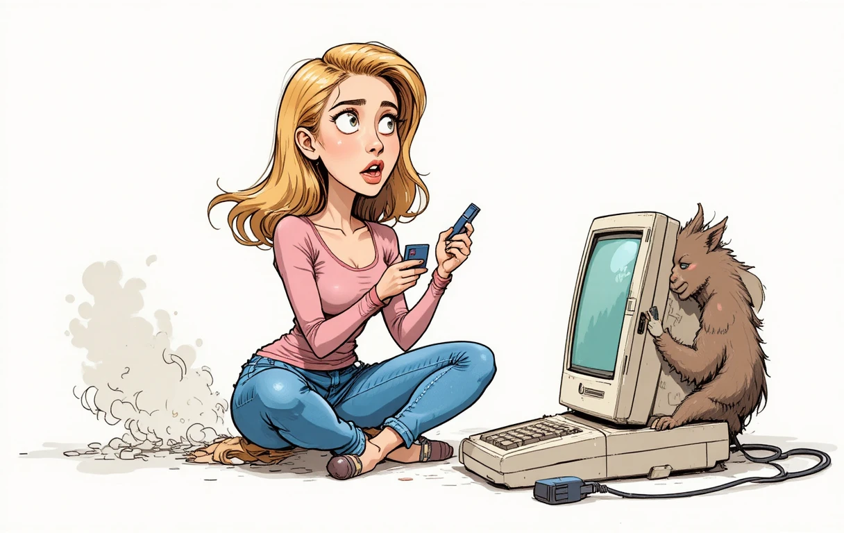 Ragazza che gioca con creatura pelosa davanti a un vecchio computer
