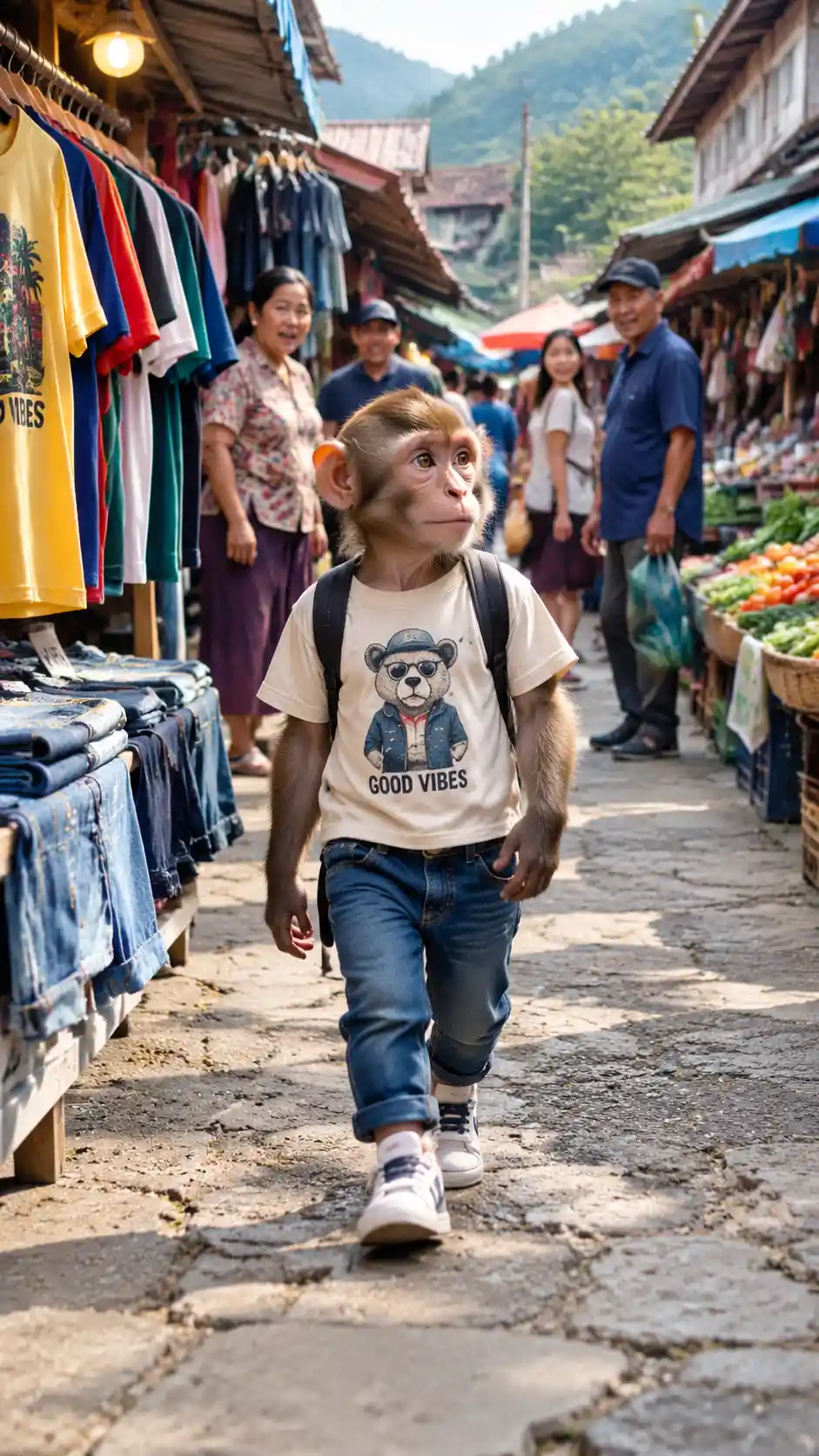 Monkey In Human Clothes Walking Through Village Market