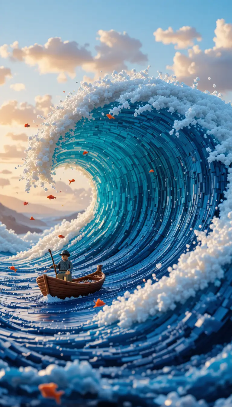 Lego ocean tsunami towering over tiny fishing boat