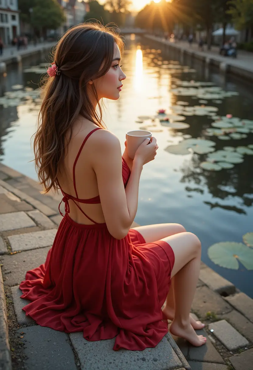 Woman in red negligee at sunrise by a calm canal