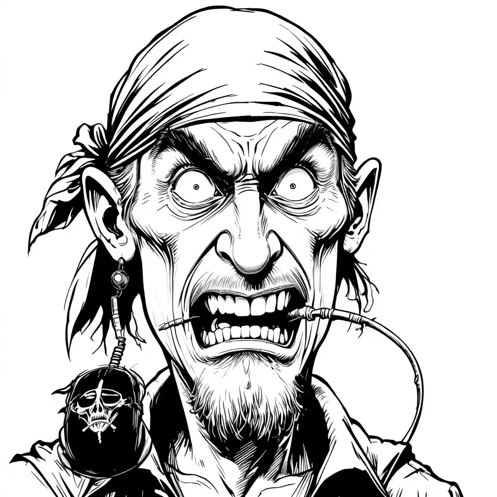 Intense pirate close up biting a computer mouse cable