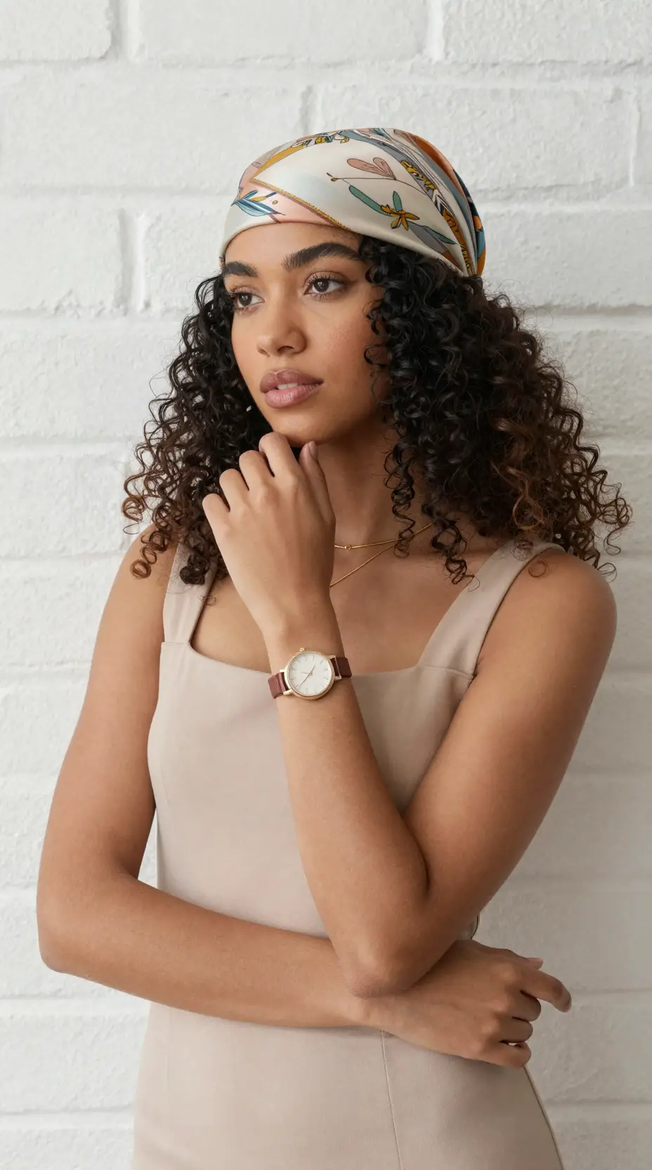 Thoughtful girl posing by a white brick wall