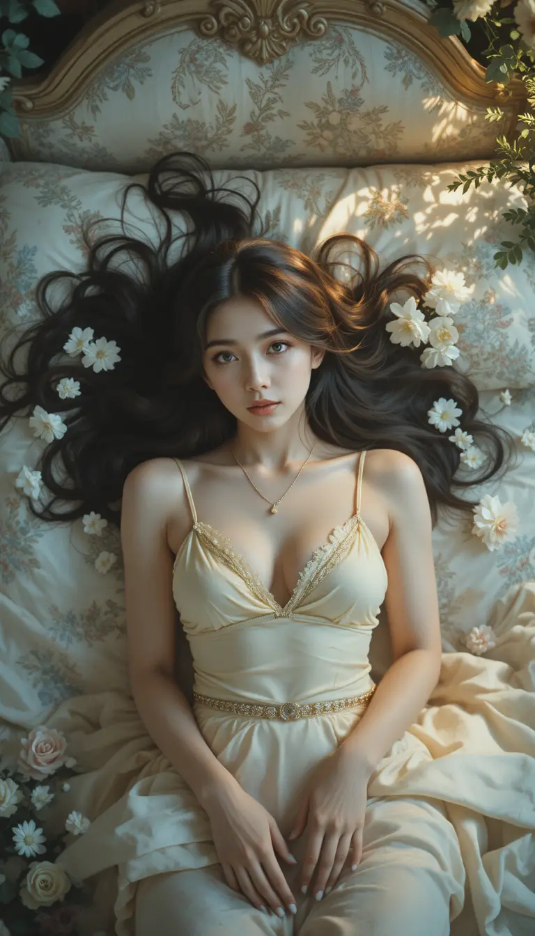Young woman on ornate bed in warm golden light