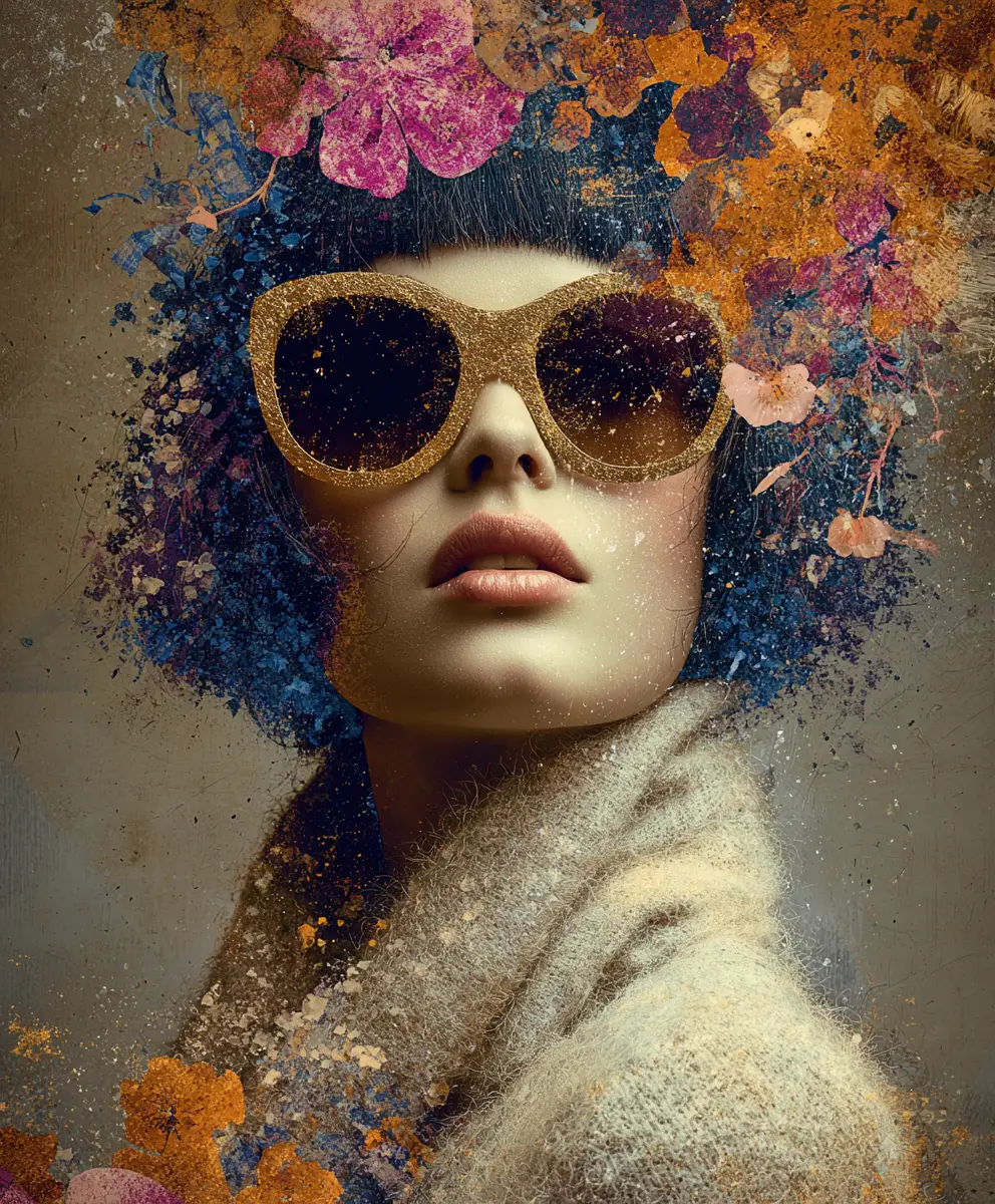 Surreal autumn woman in eccentric sunglasses and rich colors