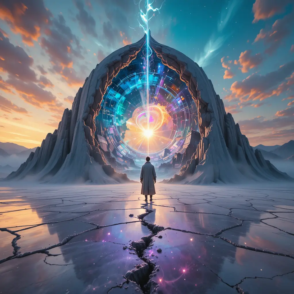 Cinematic view of a traveler touching a ruptured reality fold