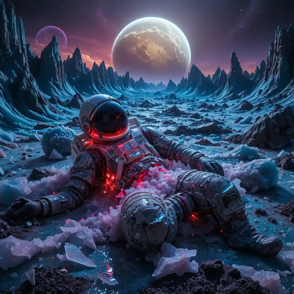 Astronaut Beside Broken EVA Suit On Europa Ice Plain