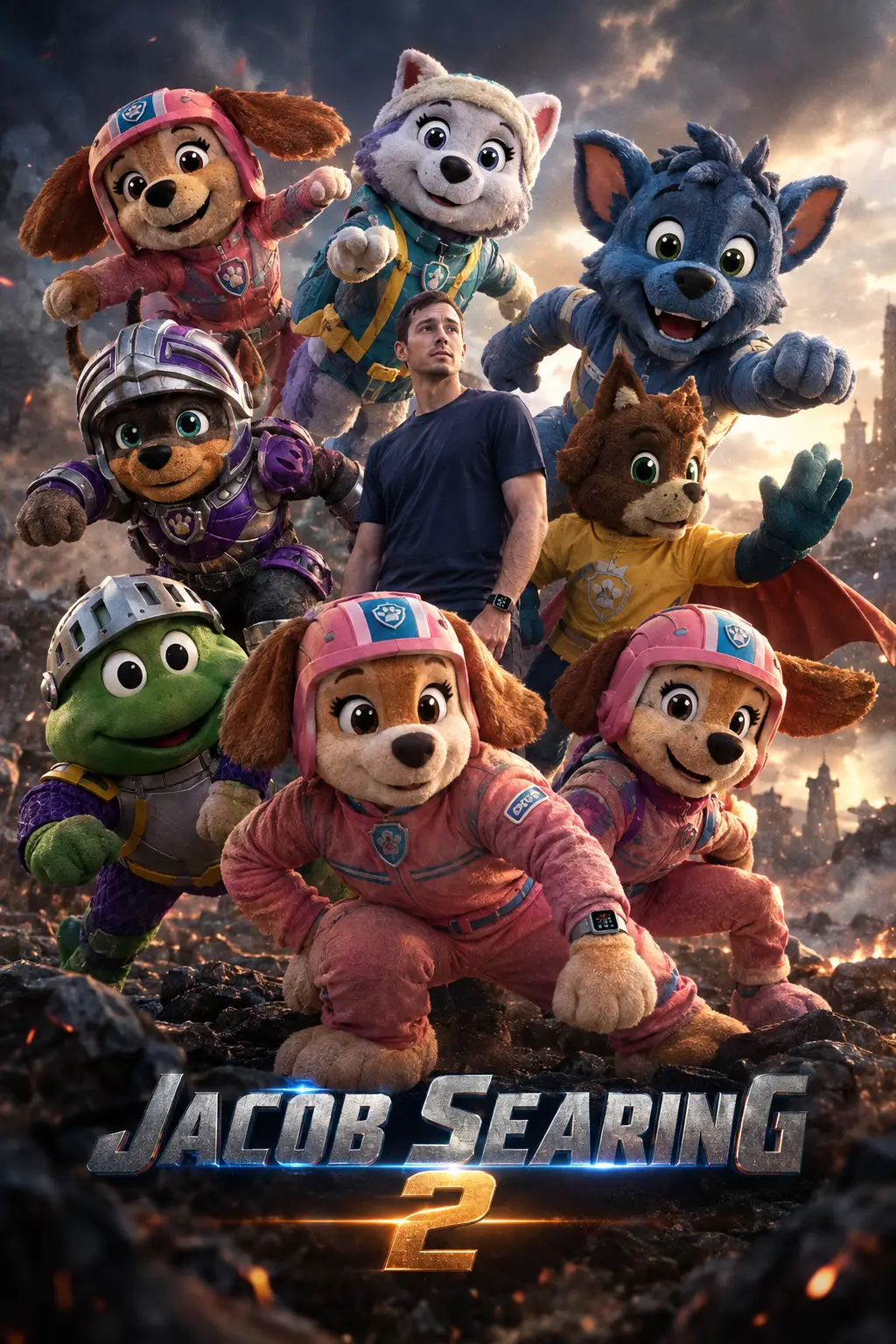 Man surrounded by giant superhero plush mascots in formation