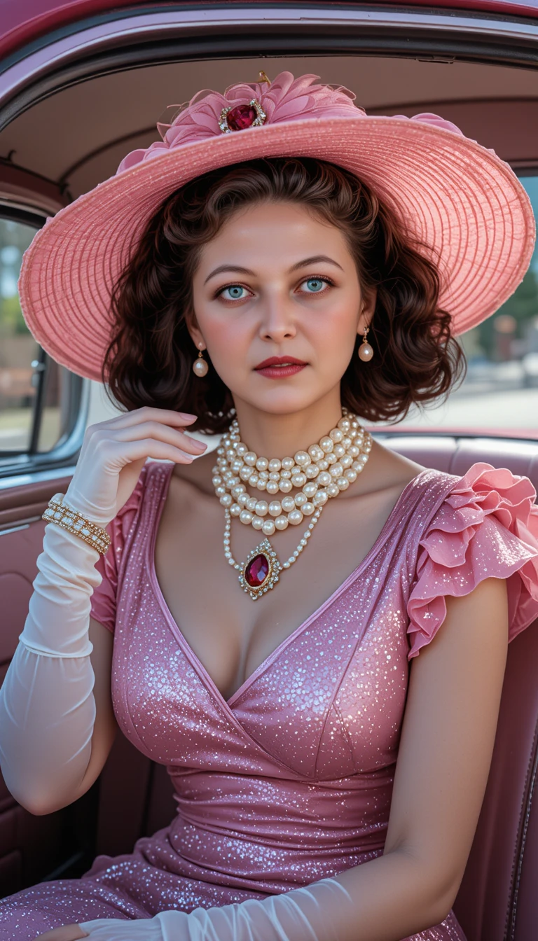 Elegant woman in pink dress inside vintage car