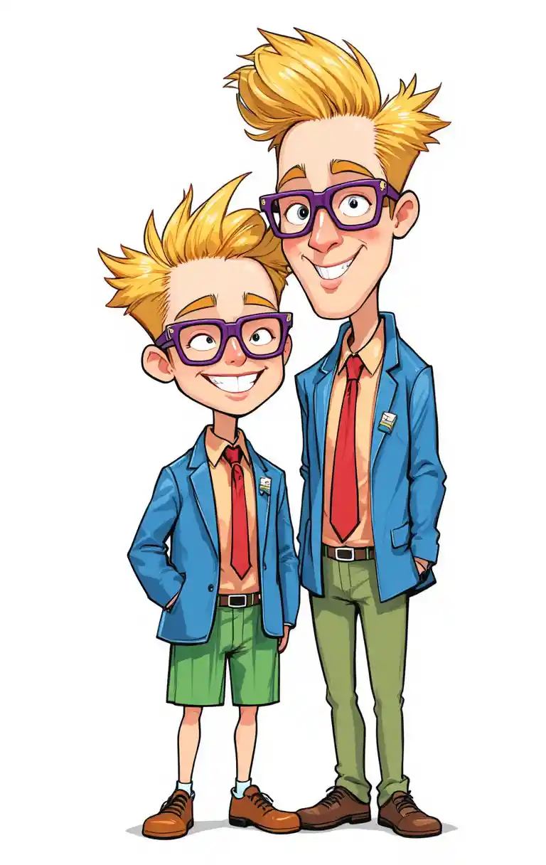 Cartoon father and son in bright matching outfits