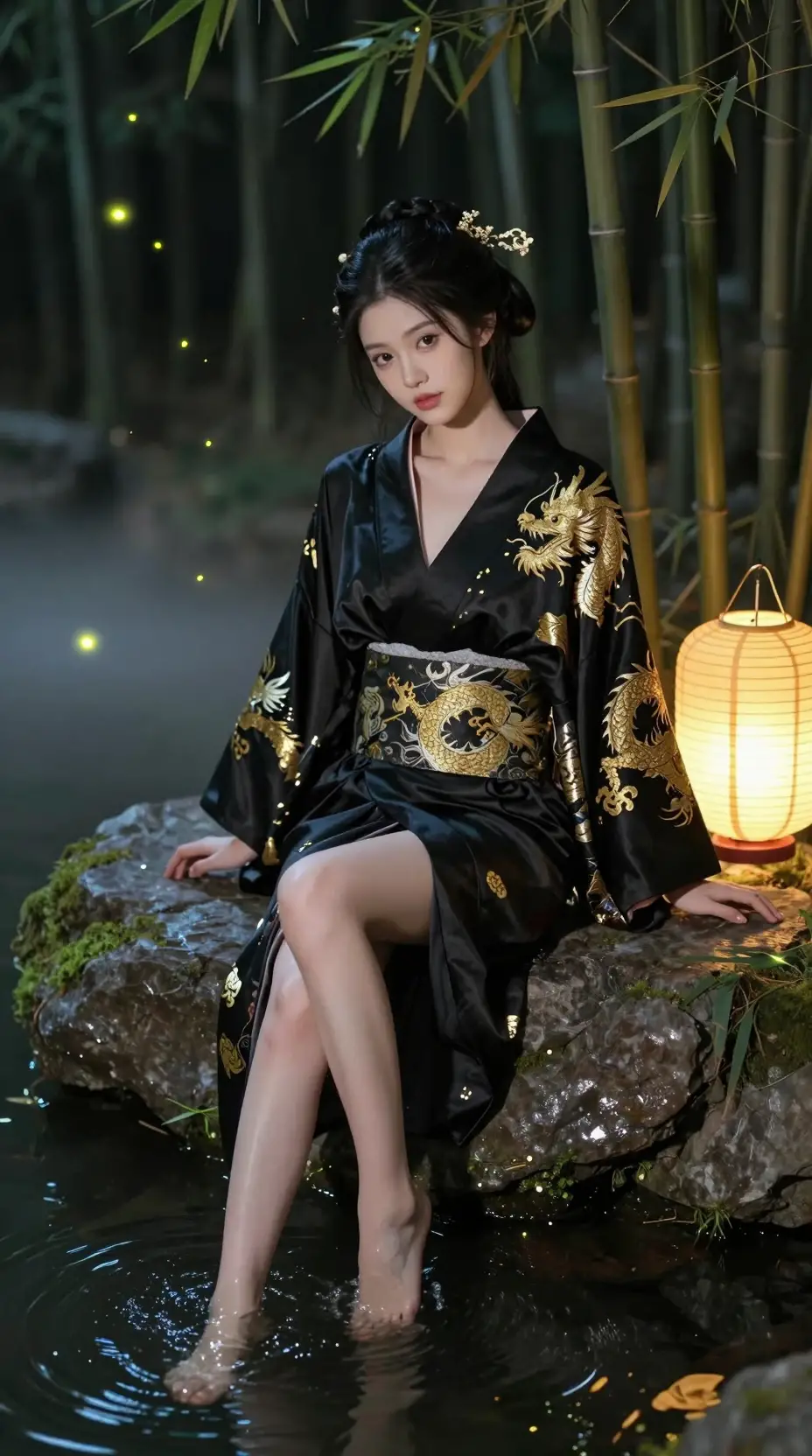 Elegant girl in black kimono by lantern lit forest pond