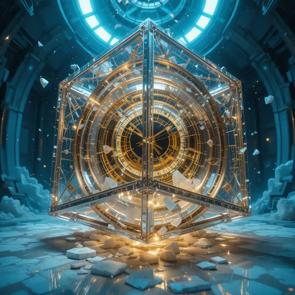 Surreal tesseract clock folding through cosmic abstract space