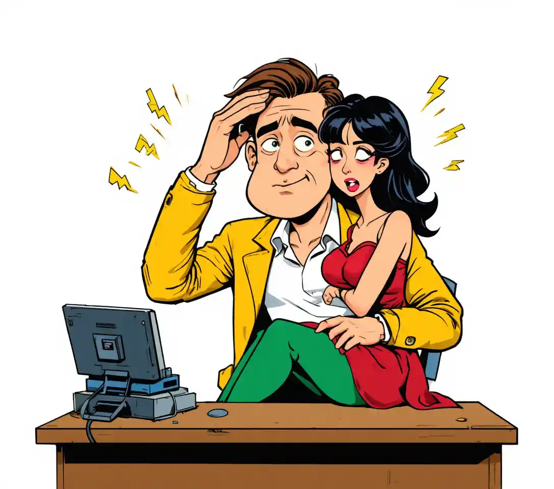 Comic couple at office desk with playful electric gag