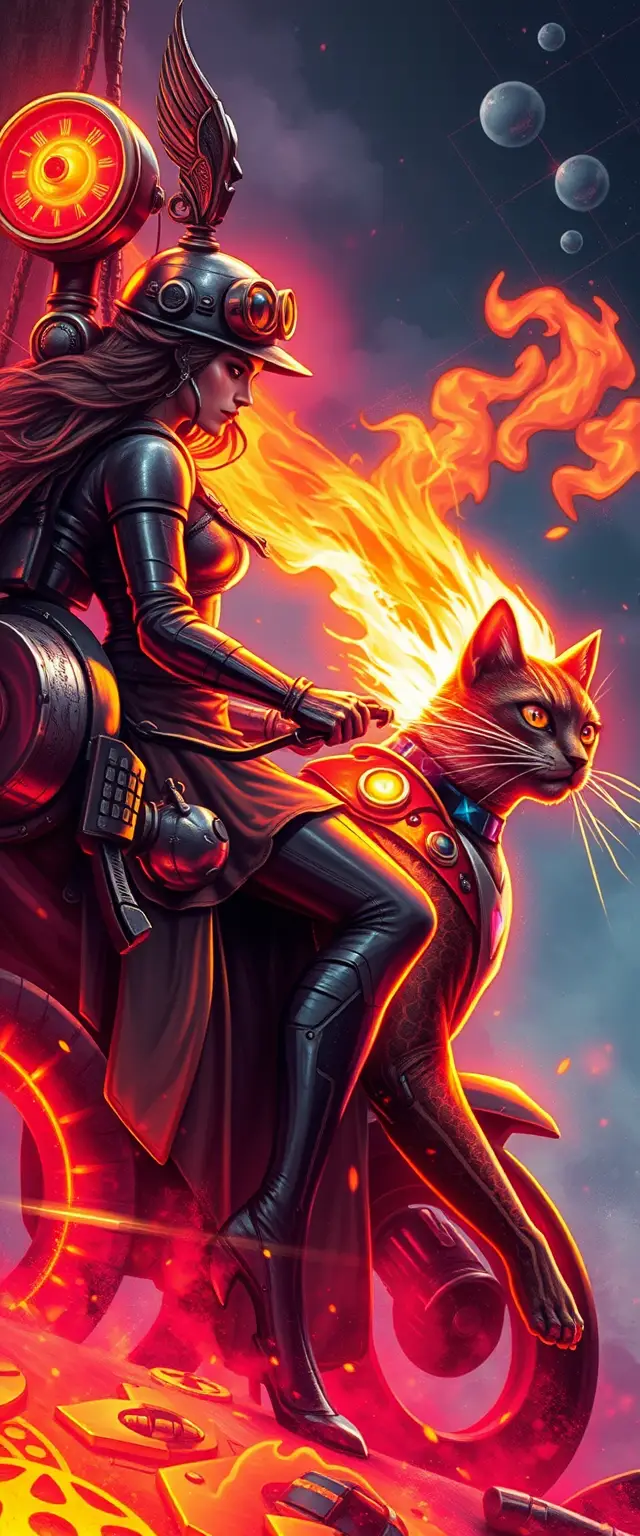 Neon steampunk dreamscape with woman riding flaming metal cat