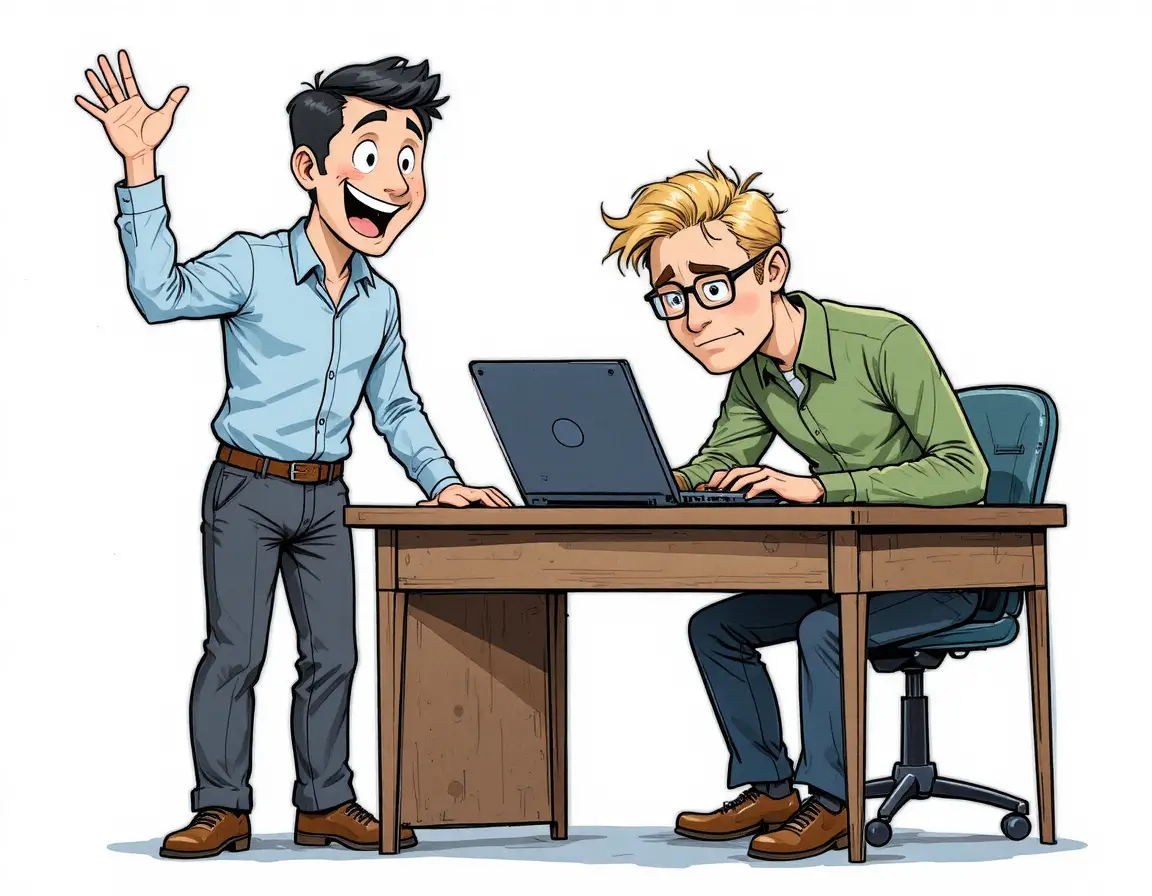 Cartoon office scene with two men sharing a light moment