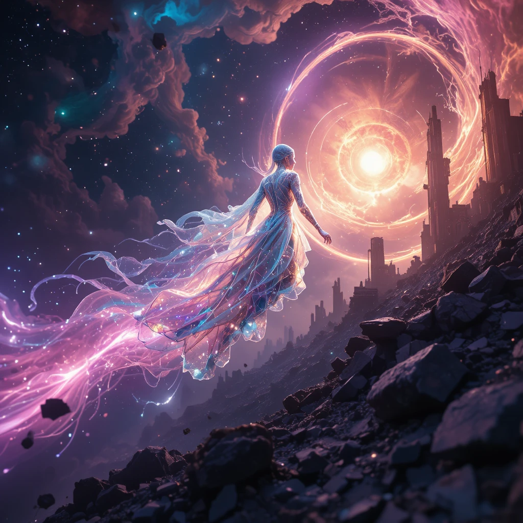 Luminescent Energy Being Crossing A Dying Star Horizon