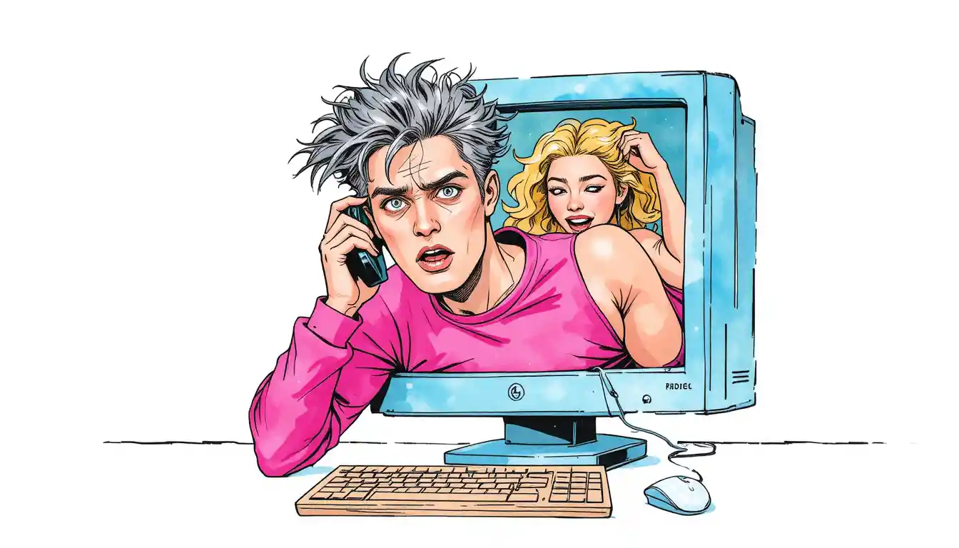 Gestresster Mann am Telefon mit surrealer Frau, die aus dem Monitor auftaucht