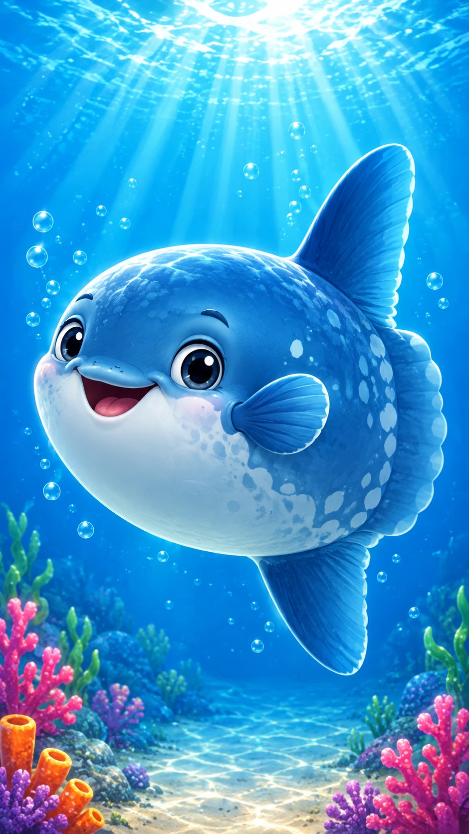 Smiling ocean sunfish swimming in blue open water
