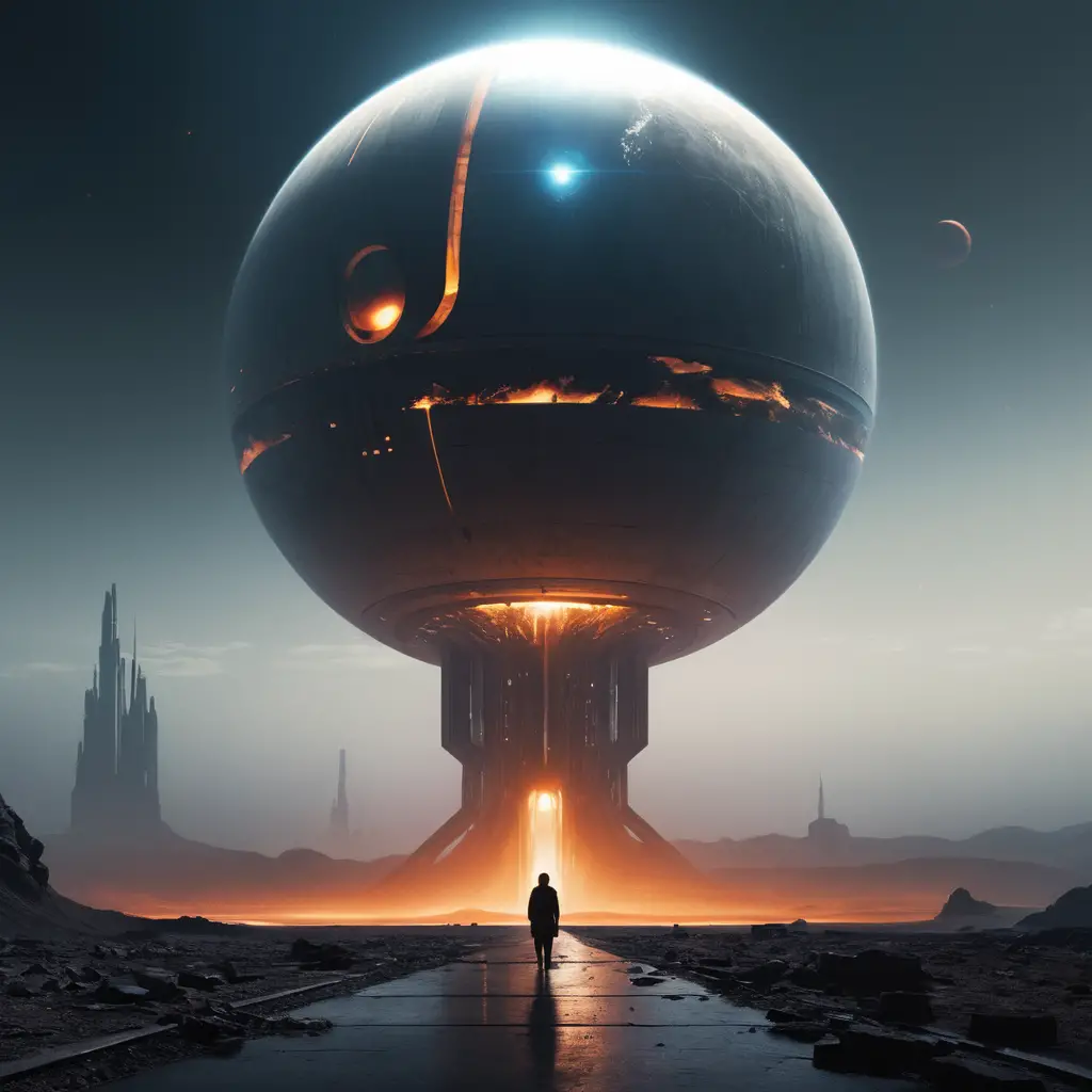 Solitary traveler in a silent sci fi spaceport under twin suns