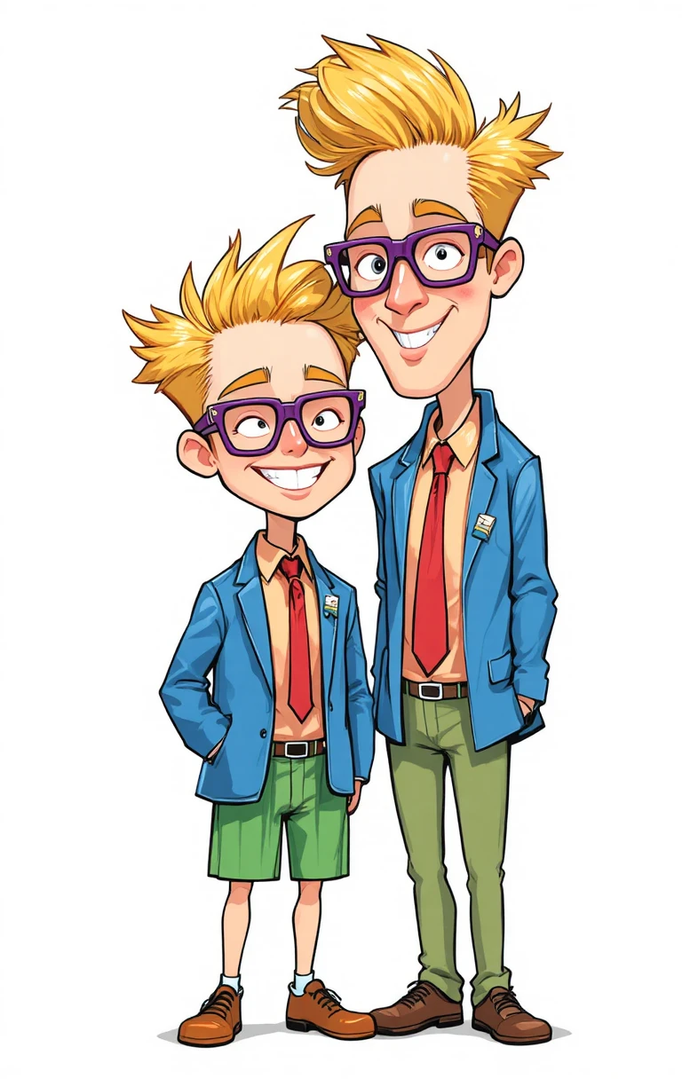 Cartoon father and son in bright matching outfits