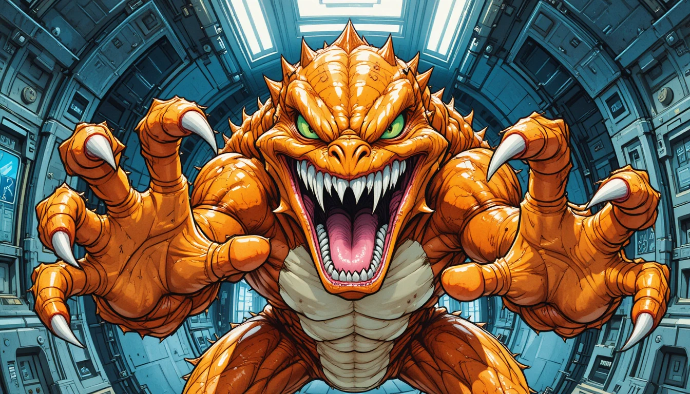 Cartoon monster lunging inside metallic sci fi interior