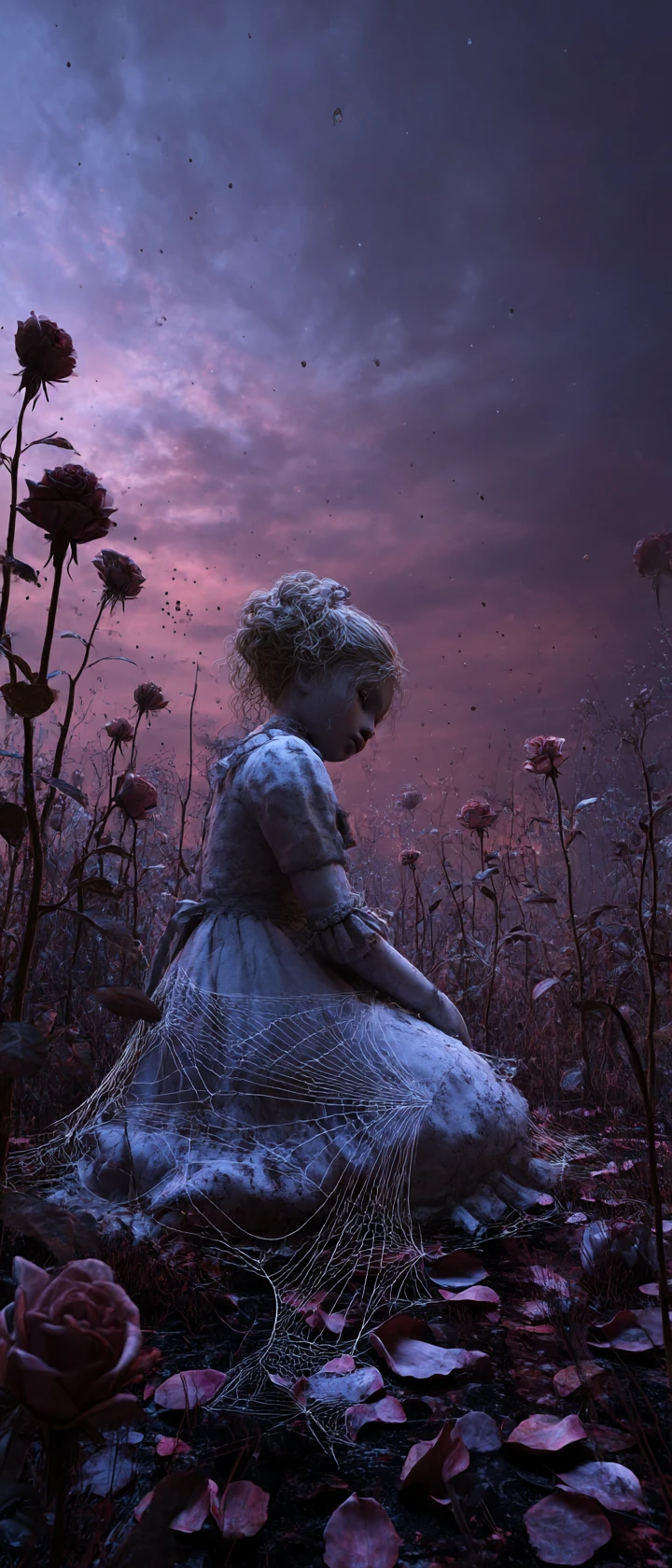 Muñeca de porcelana agrietada en un campo de rosas marchitas al crepúsculo