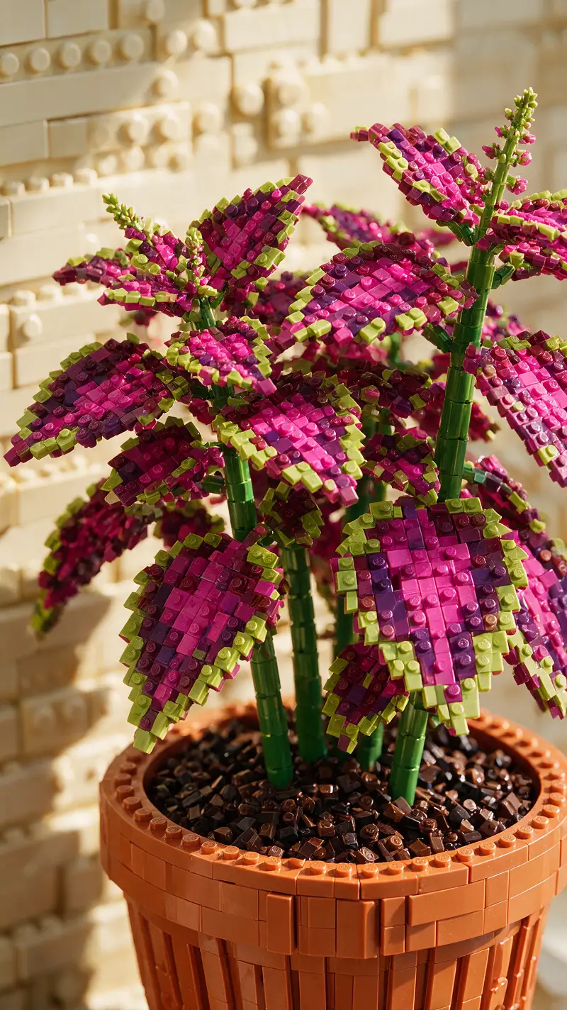 Macro view of a brick built coleus plant in a pot