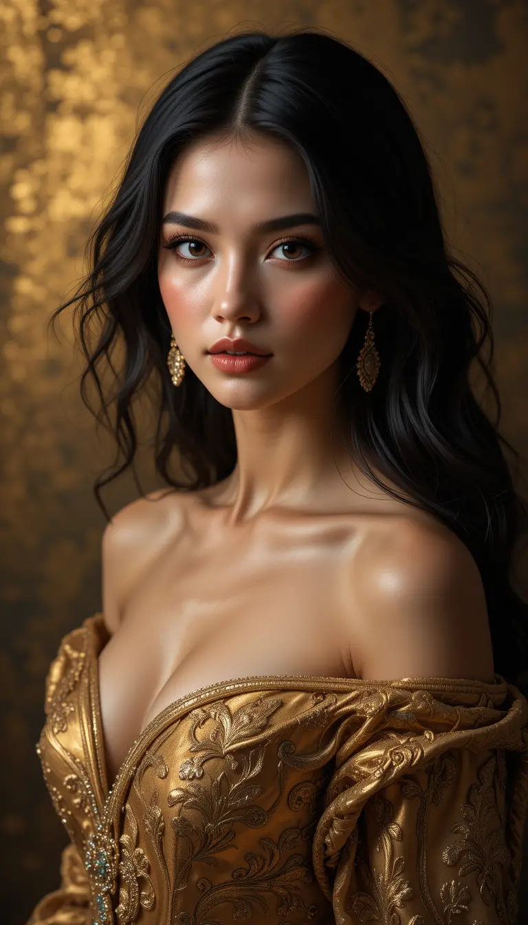 金色紋理背景前的優雅金色禮服女子