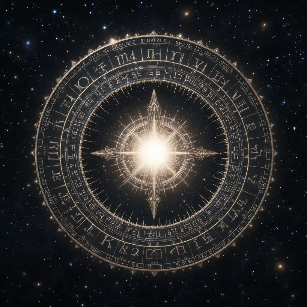 Cercle magique lumineux entouré de runes dans l’espace étoilé
