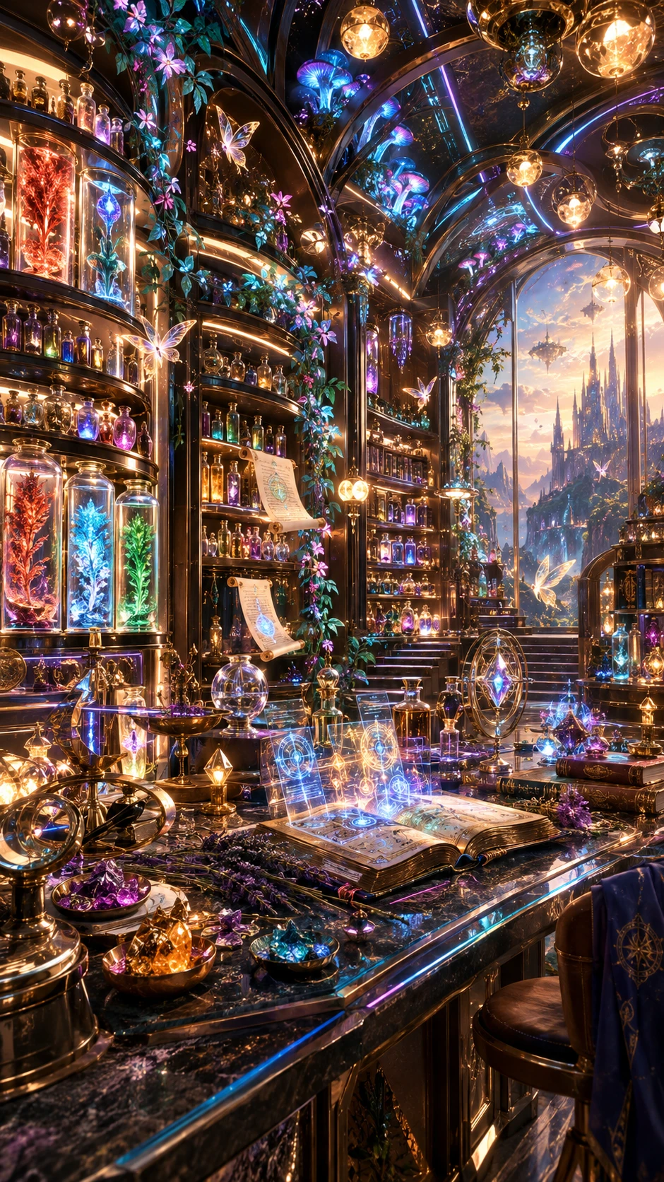 Futuristic wizard apothecary laboratory glowing with arcane light