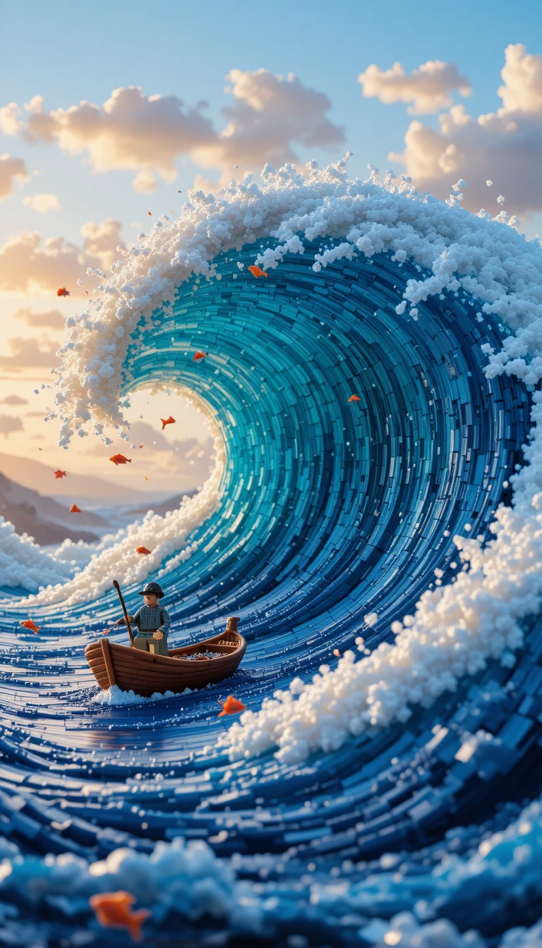 Tsunami de océano de Lego que se alza sobre un diminuto barco de pesca