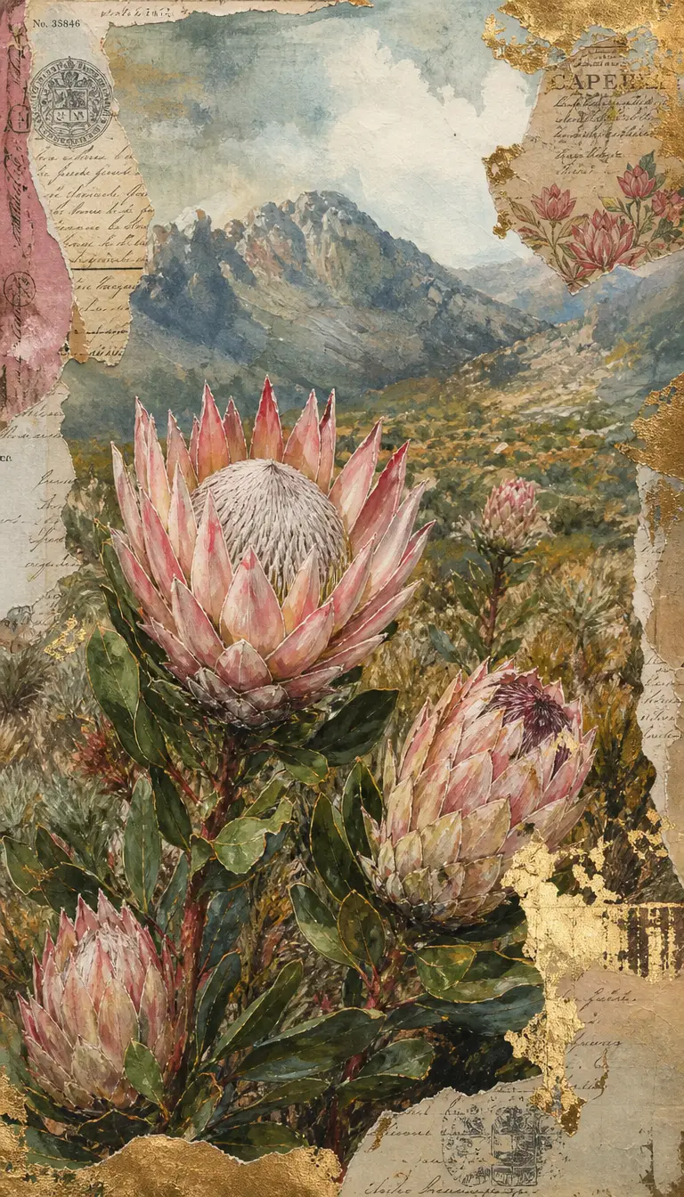 Floral collage with protea flowers and distressed gold accents