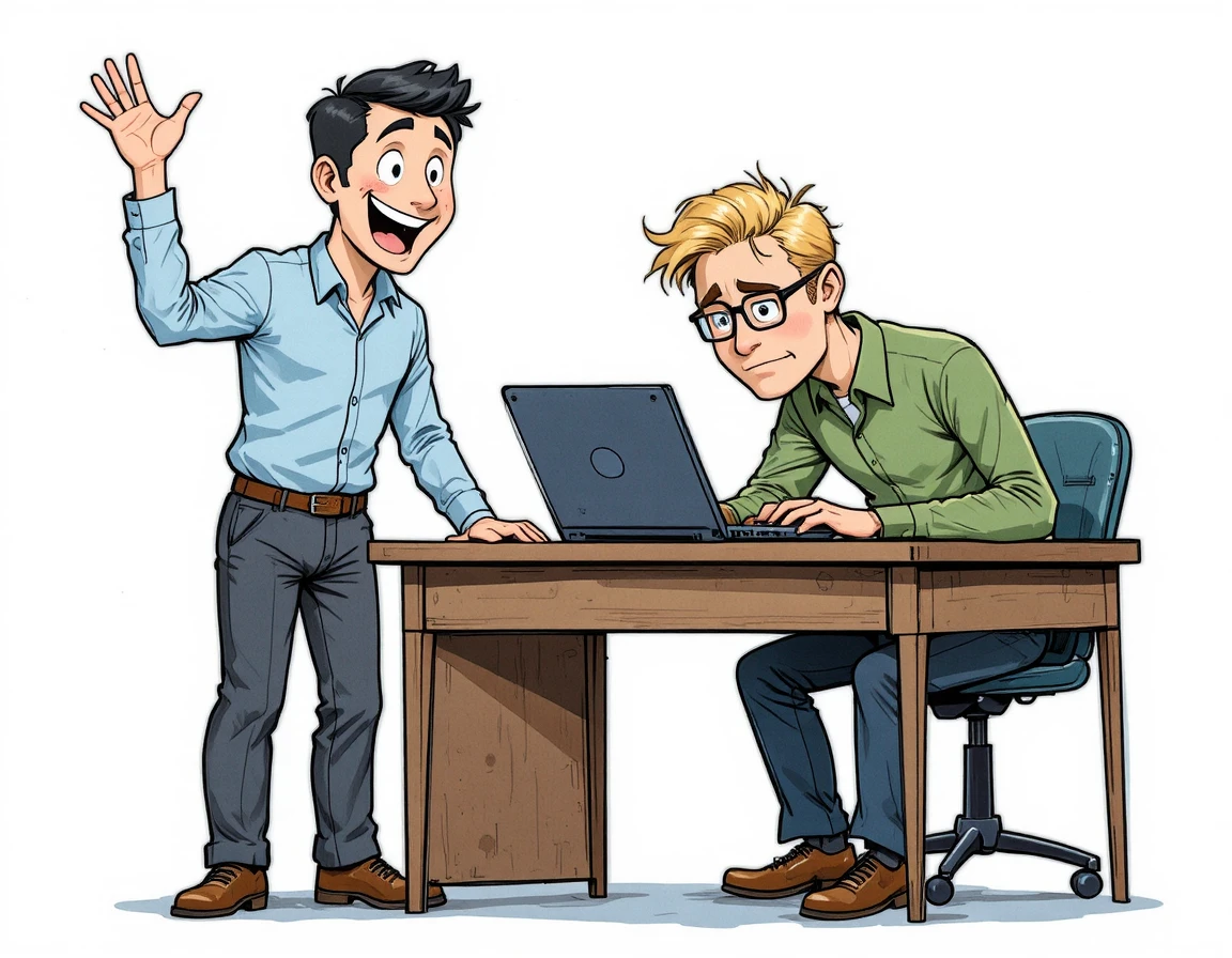 Cartoon office scene with two men sharing a light moment