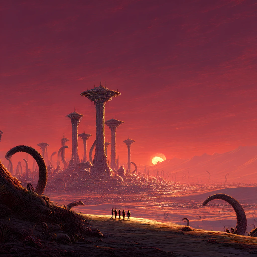Giant sandworms dominate a distant desert settlement