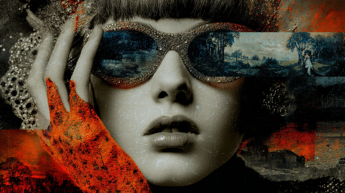 Surreal glamour woman in eccentric sunglasses amid dreamlike landscape