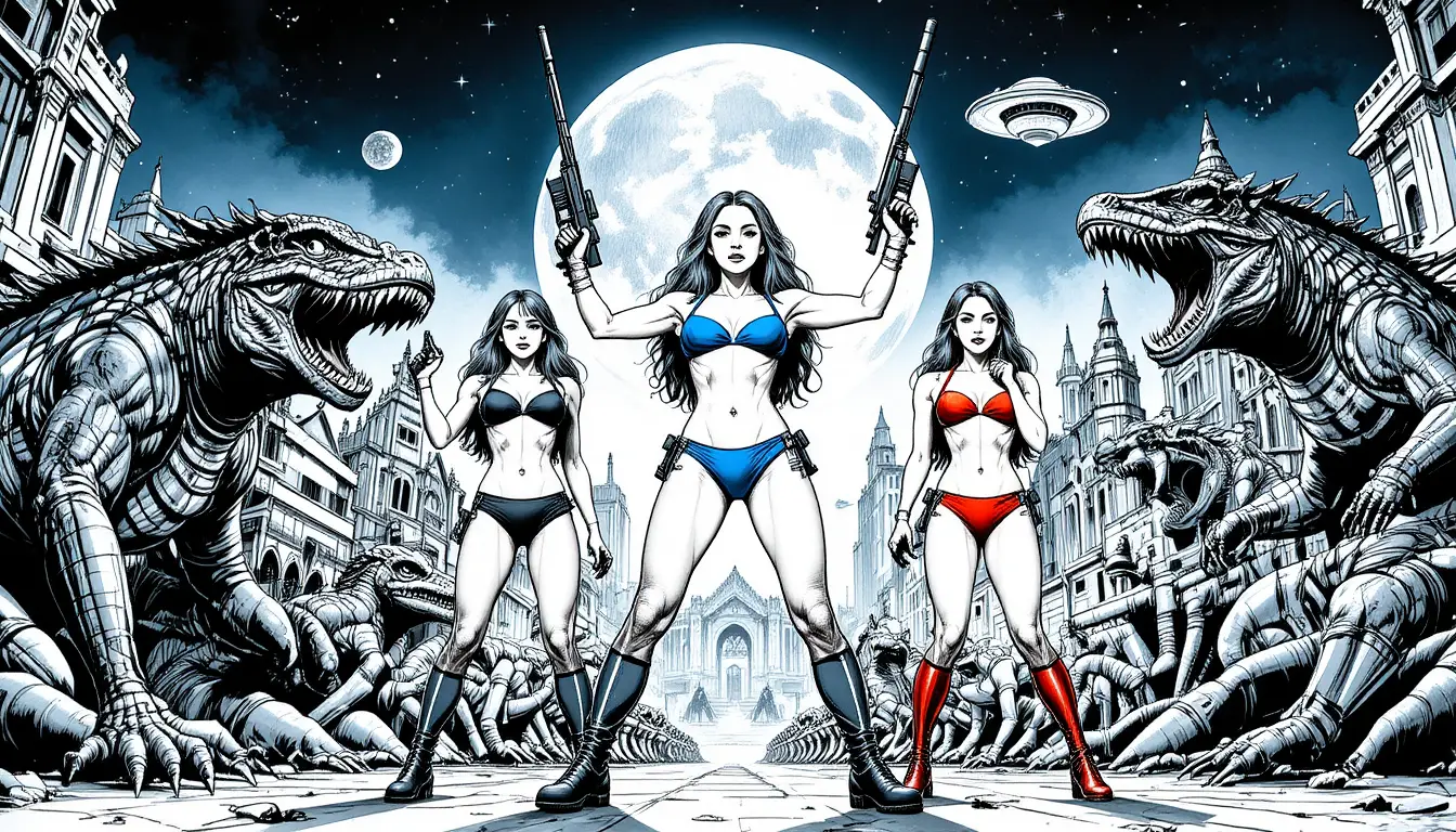 Armed bikini warriors facing monsters under a colossal moon