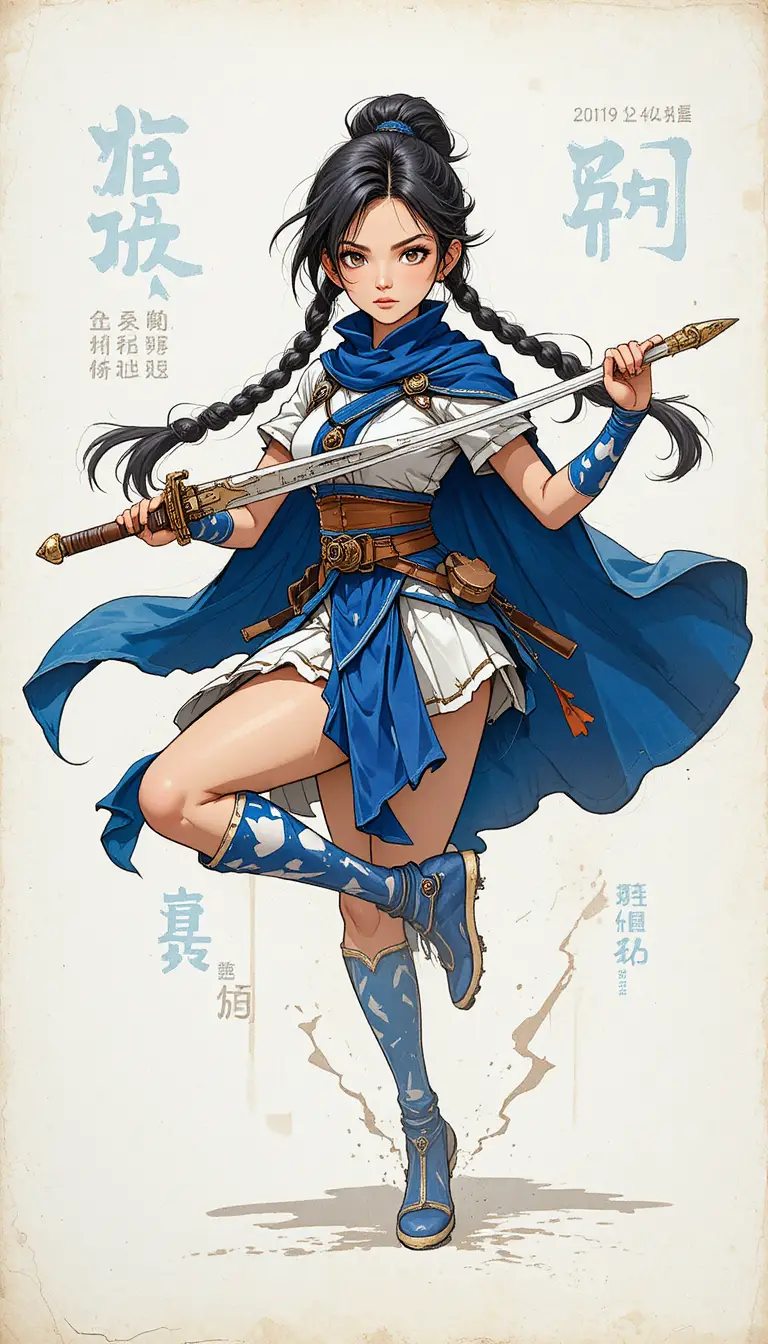 Dynamic young warrior woman kicking with drawn sword