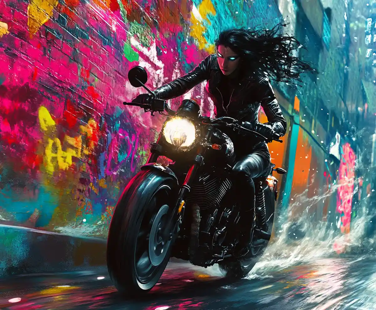 Cyberpunk woman riding motorcycle toward graffiti city wall