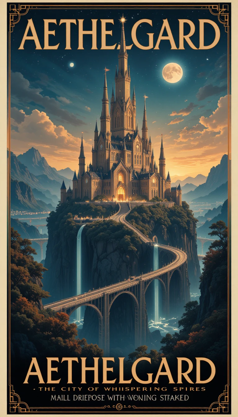 Vintage poster of a luminous fantasy city in ancient trees