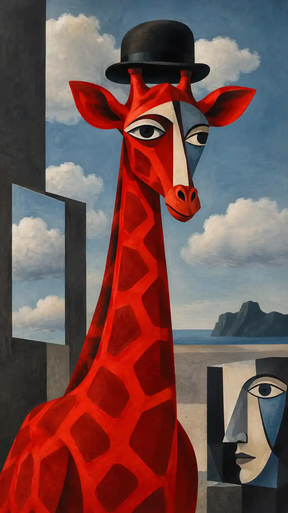 Surreal red giraffe painting in a fantasy inspired style