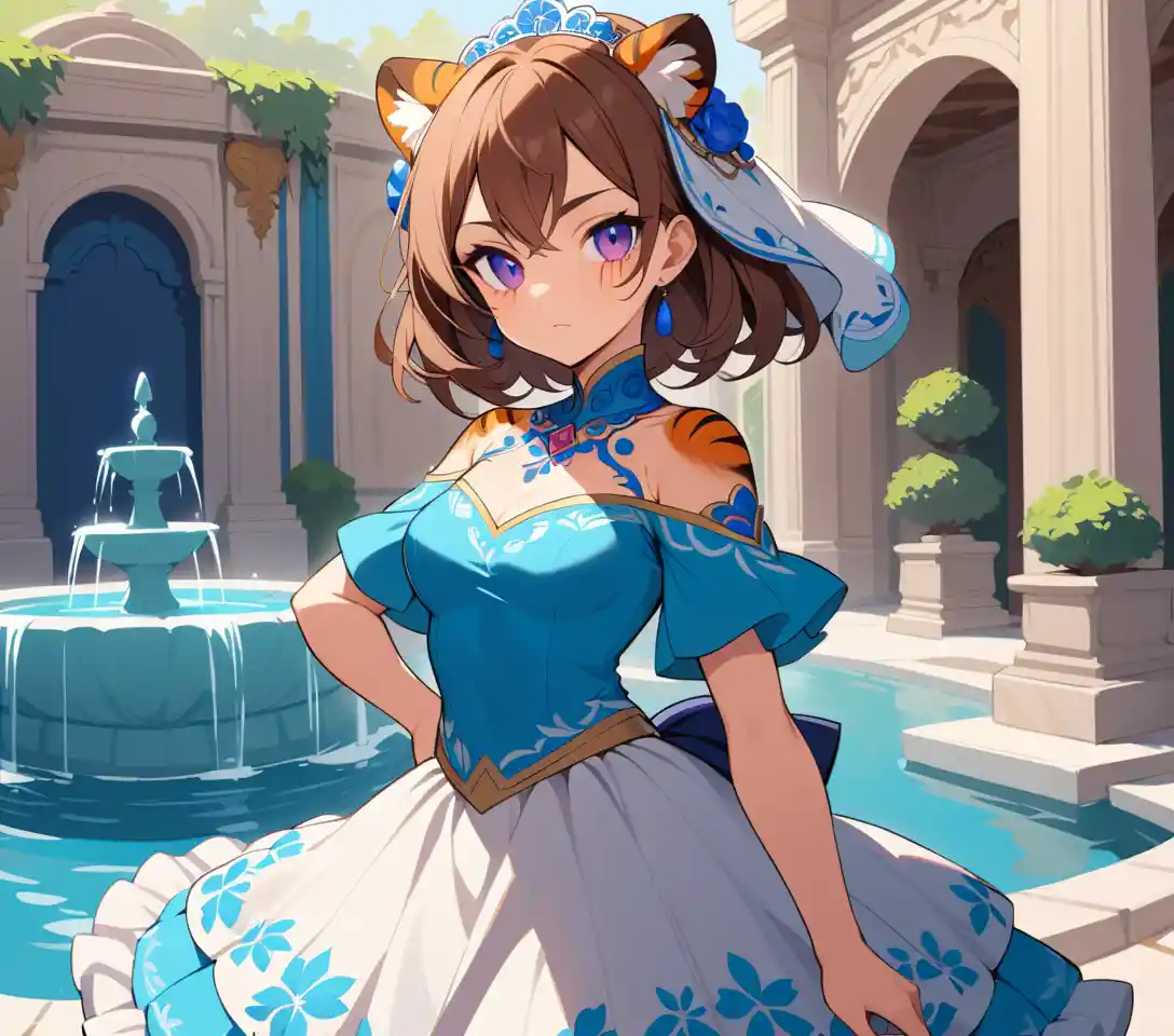 Confident tigress woman in a floral pollera by fountains