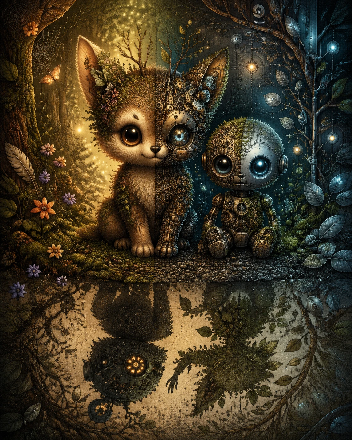 Cute forest creature with tiny mechanical friend in woodland