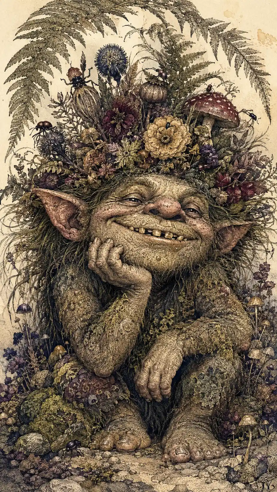 Retrato fantasioso de troll con corona floral de hongos